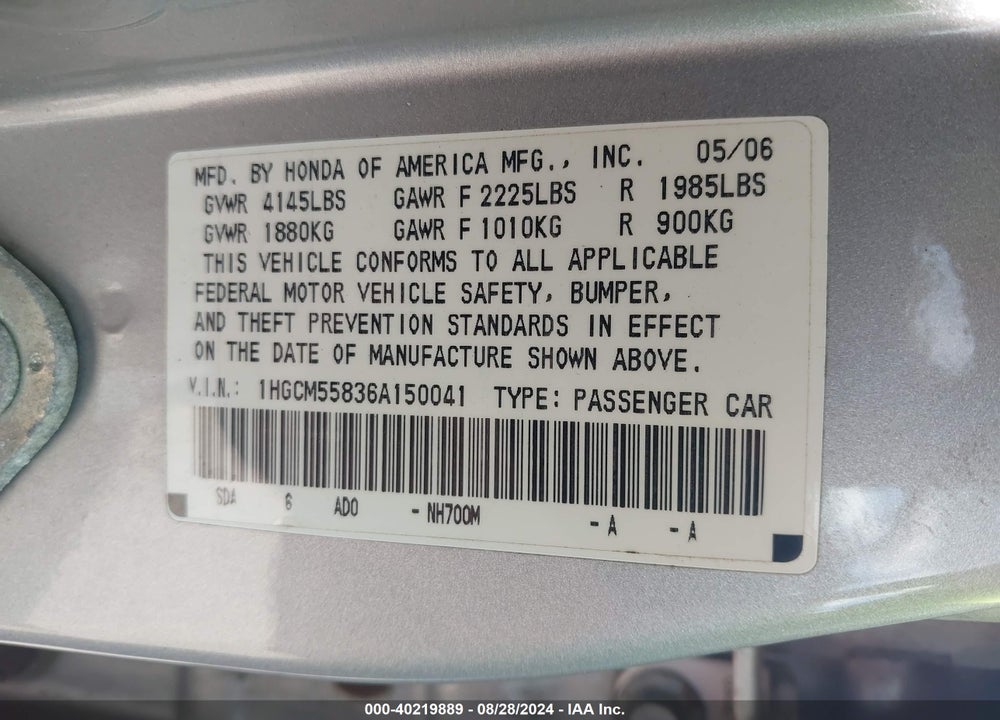 2006 HONDA ACCORD 2.4 EX VIN: 1HGCM55836A150041