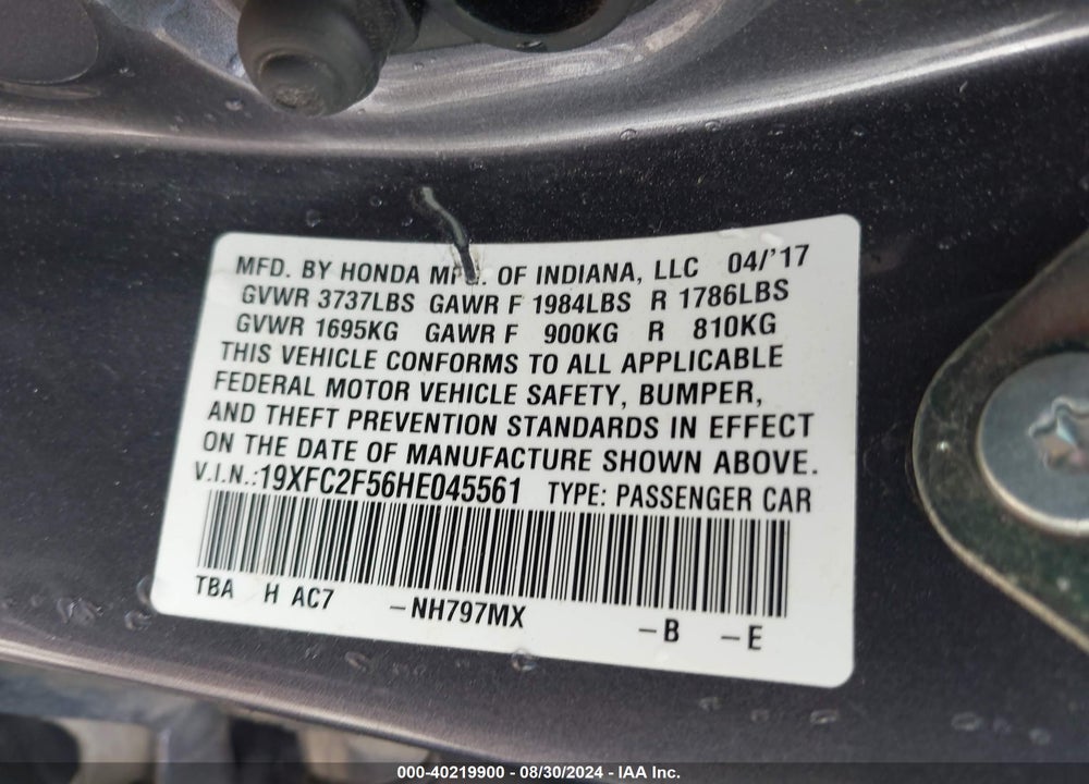 2017 HONDA CIVIC LX VIN: 19XFC2F56HE045561