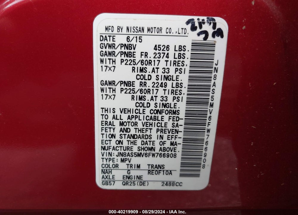 2015 NISSAN ROGUE SELECT S VIN: JN8AS5MV6FW766908