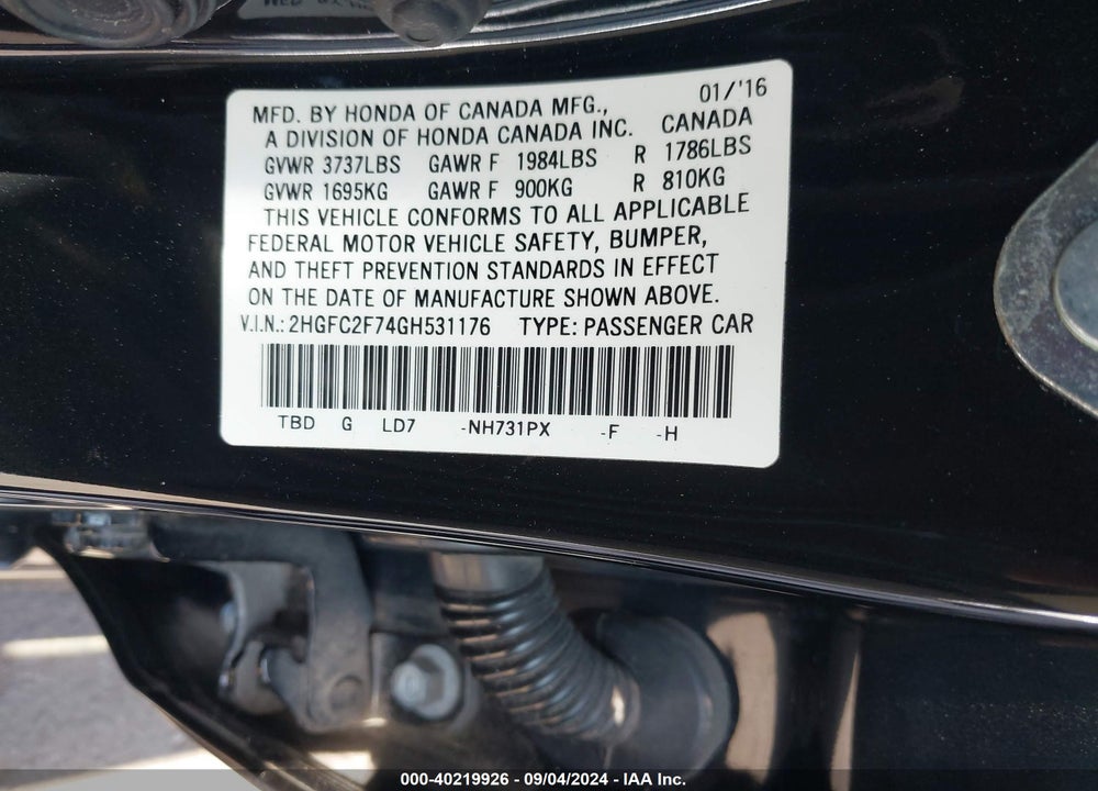 2016 HONDA CIVIC EX VIN: 2HGFC2F74GH531176