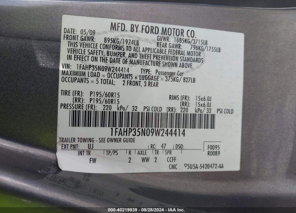 2009 FORD FOCUS SE VIN: 1FAHP35N09W244414