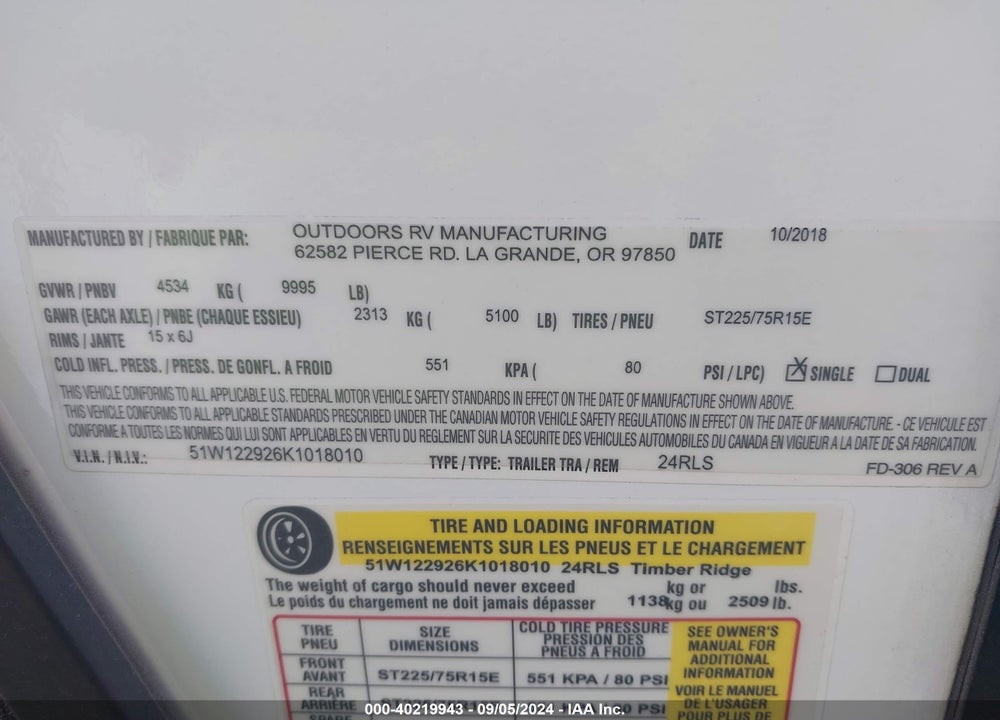2019 OUTDOORS RV TIMBER RIDGE VIN: 51W122926K1018010