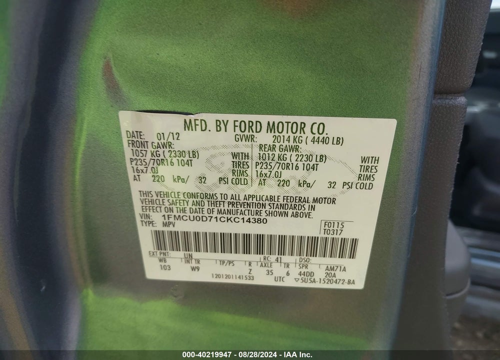 2012 FORD ESCAPE XLT VIN: 1FMCU0D71CKC14380