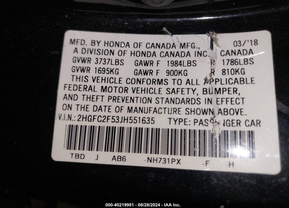 2018 HONDA CIVIC LX VIN: 2HGFC2F53JH551635