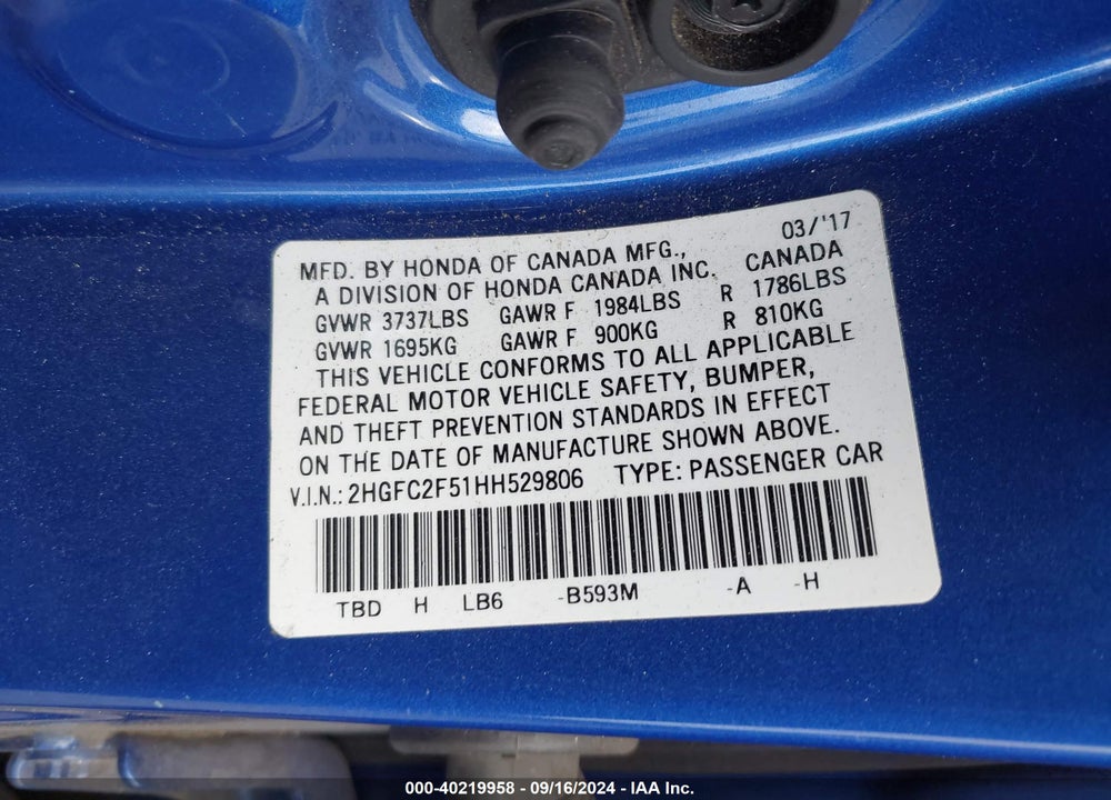 2017 HONDA CIVIC LX VIN: 2HGFC2F51HH529806