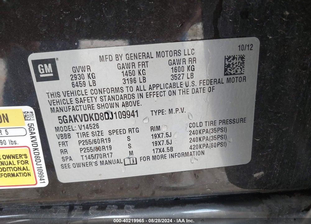 2013 BUICK ENCLAVE PREMIUM VIN: 5GAKVDKD8DJ109941