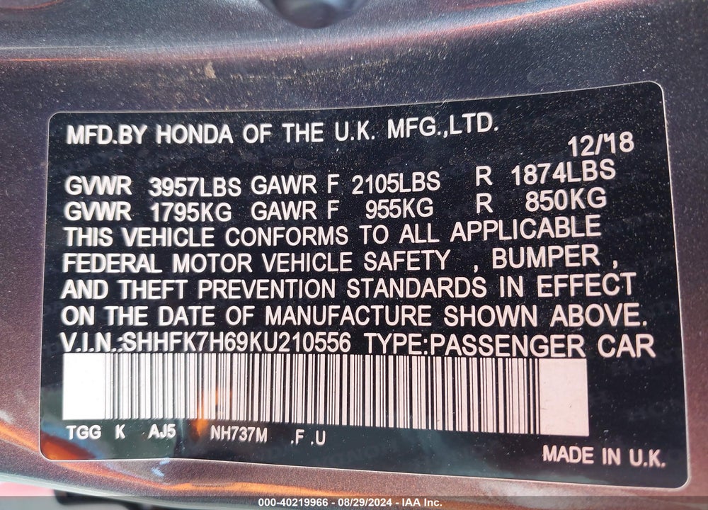 2019 HONDA CIVIC EX VIN: SHHFK7H69KU210556