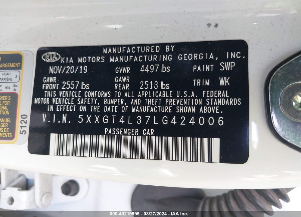 2020 KIA OPTIMA LX VIN: 5XXGT4L37LG424006