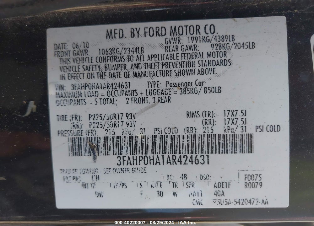 2010 FORD FUSION SE VIN: 3FAHP0HA1AR424631