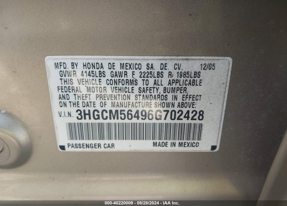 2006 HONDA ACCORD 2.4 LX VIN: 3HGCM56496G702428