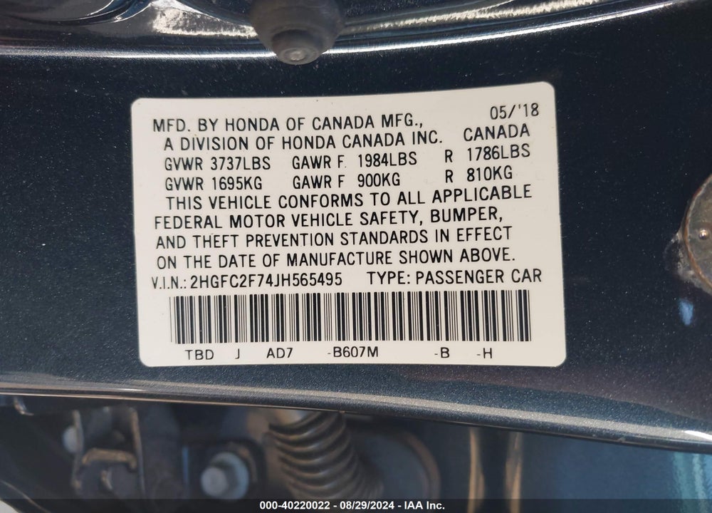 2018 HONDA CIVIC EX VIN: 2HGFC2F74JH565495