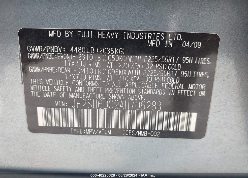 2010 SUBARU FORESTER 2.5X LIMITED VIN: JF2SH6DC9AH706283