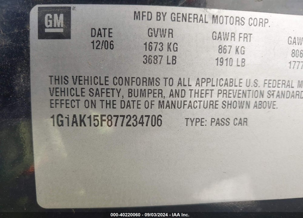 2007 CHEVROLET COBALT LS VIN: 1G1AK15F877234706