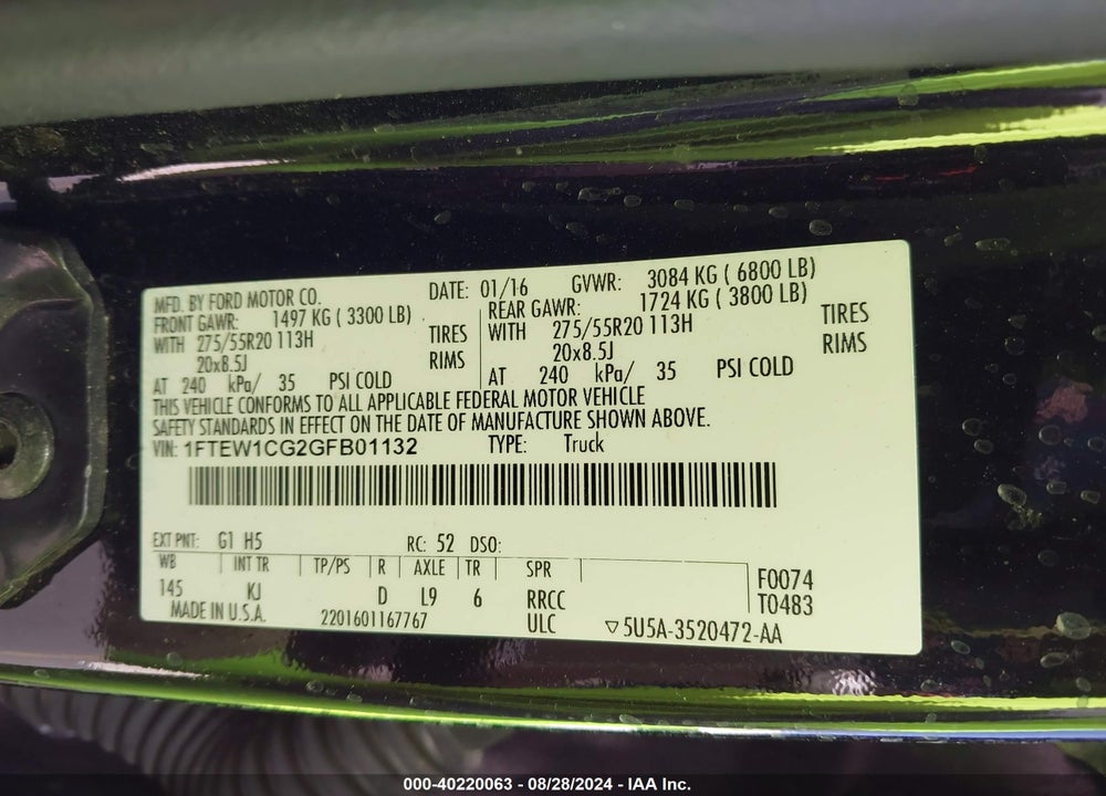 2016 KING FORD F-150  RANCH VIN: 1FTEW1CG2GFB01132