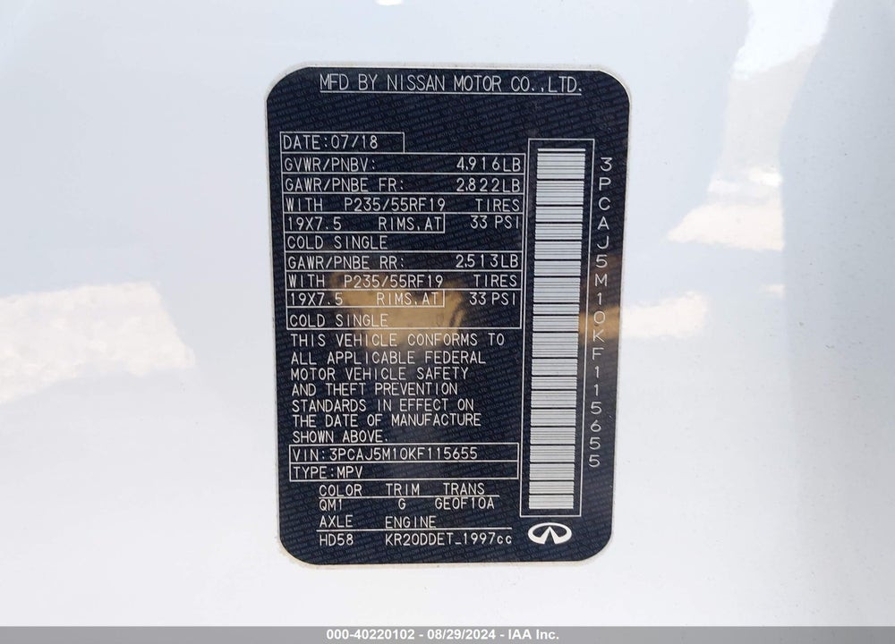 2019 INFINITI QX50 ESSENTIAL VIN: 3PCAJ5M10KF115655