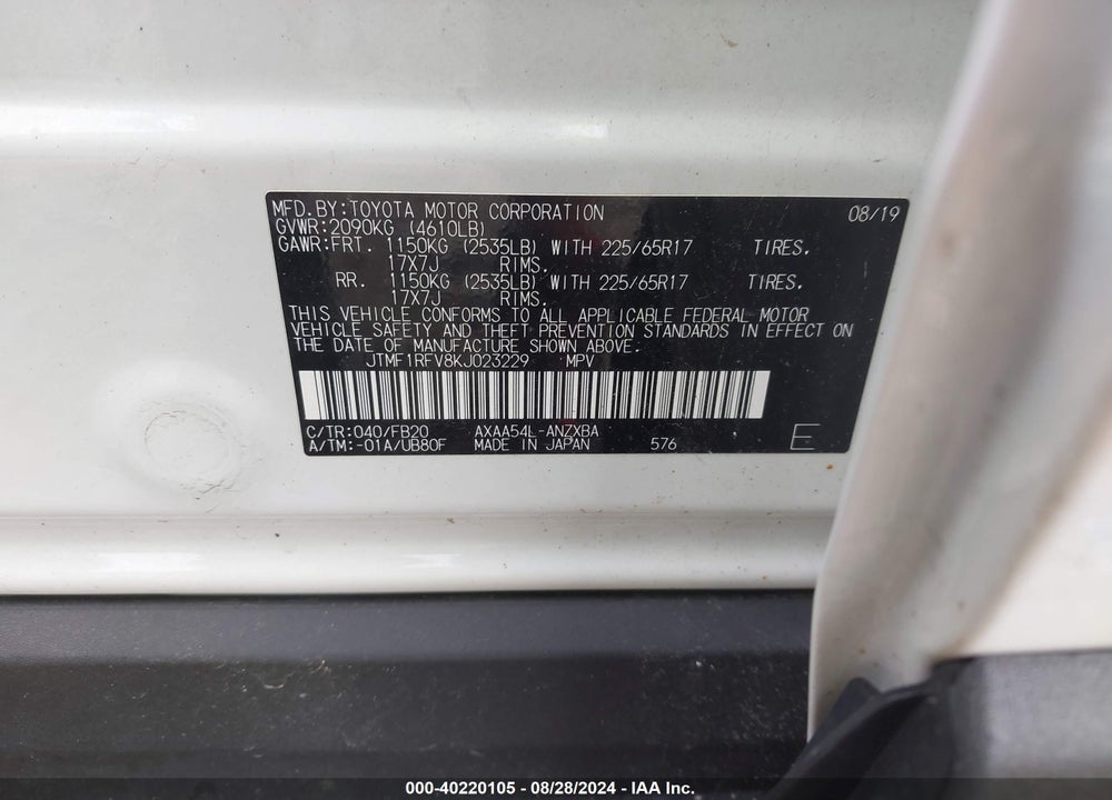 2019 TOYOTA RAV4 LE VIN: JTMF1RFV8KJ023229