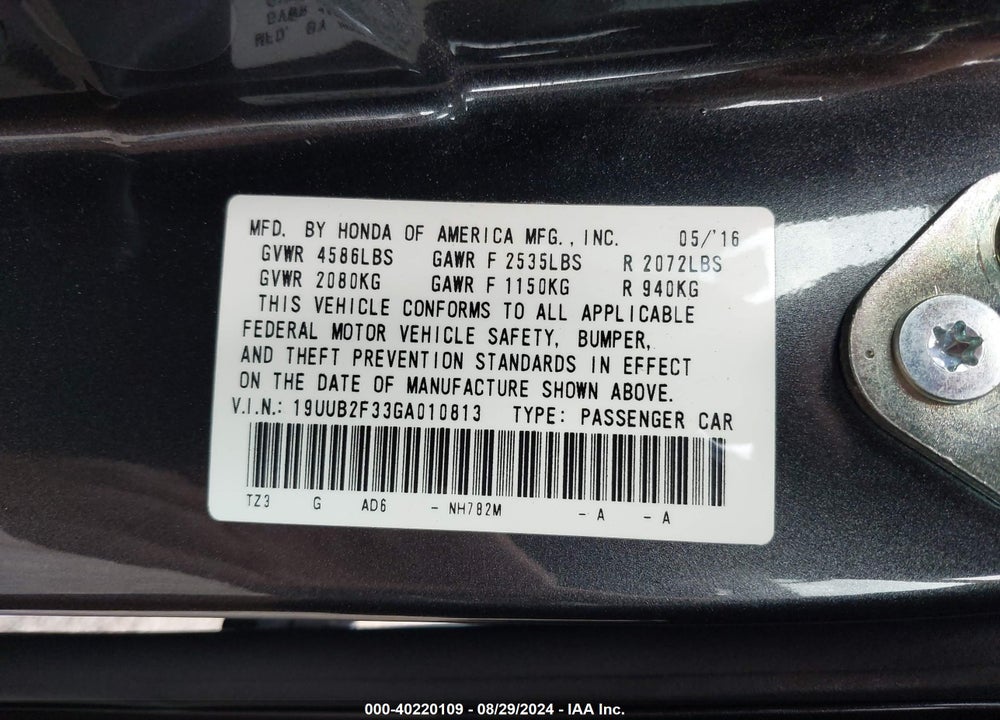 2016 ACURA TLX V6 VIN: 19UUB2F33GA010813