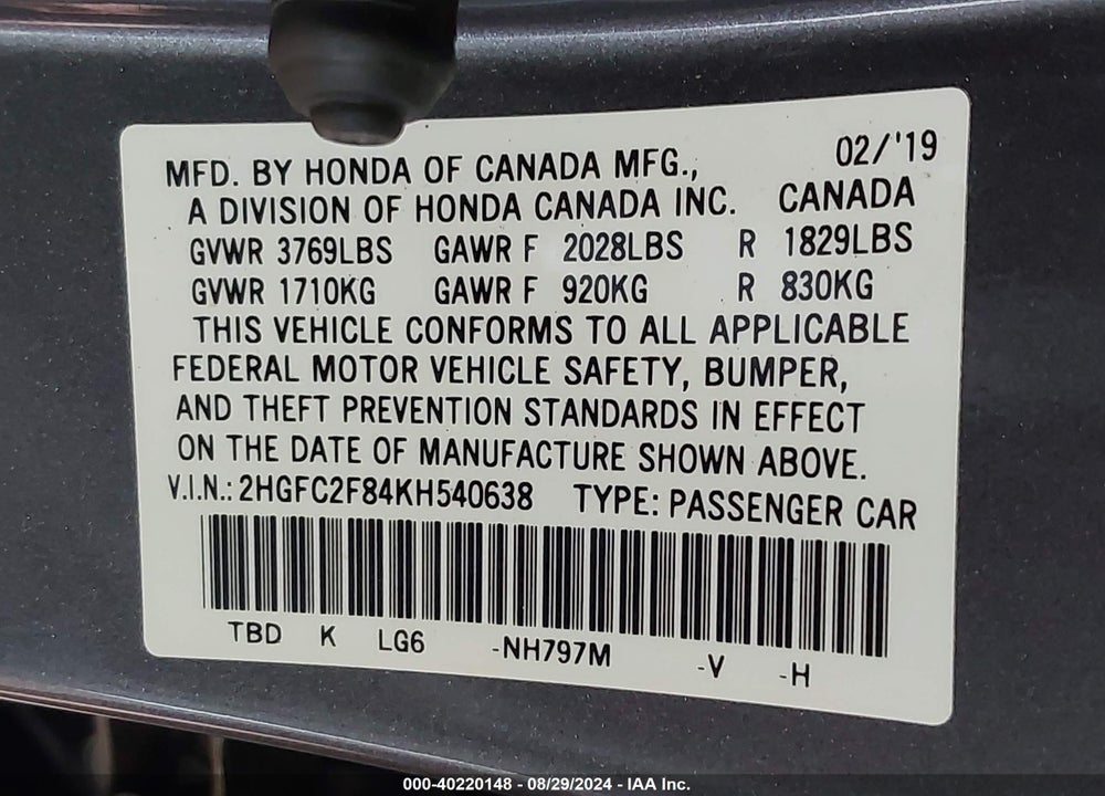 2019 HONDA CIVIC SPORT VIN: 2HGFC2F84KH540638