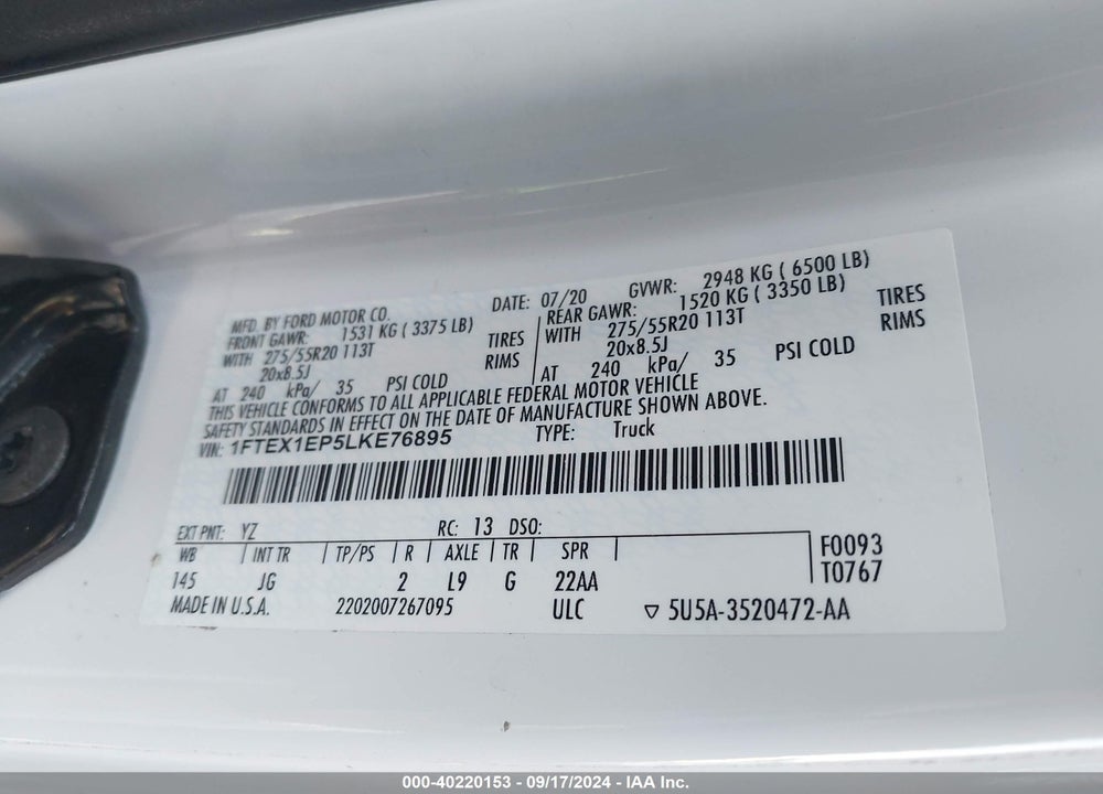 2020 FORD F-150 XL VIN: 1FTEX1EP5LKE76895