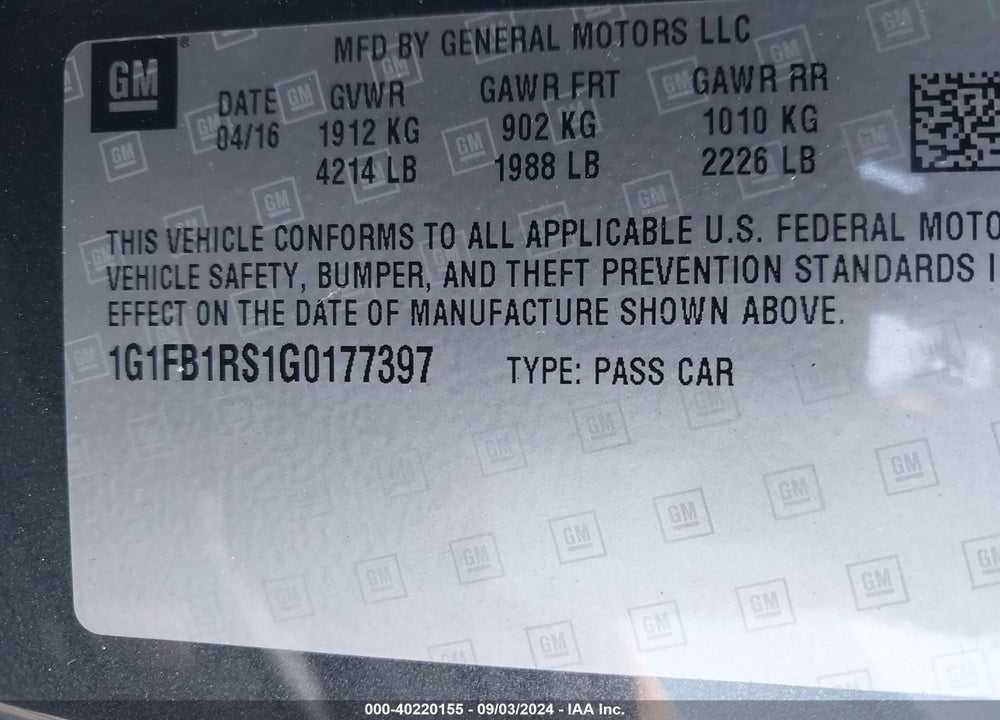 2016 CHEVROLET CAMARO 1LT VIN: 1G1FB1RS1G0177397