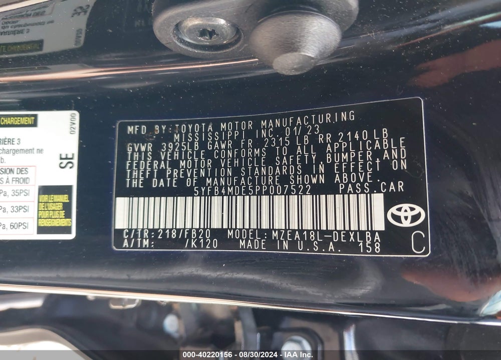 2023 TOYOTA COROLLA LE VIN: 5YFB4MDE5PP007522