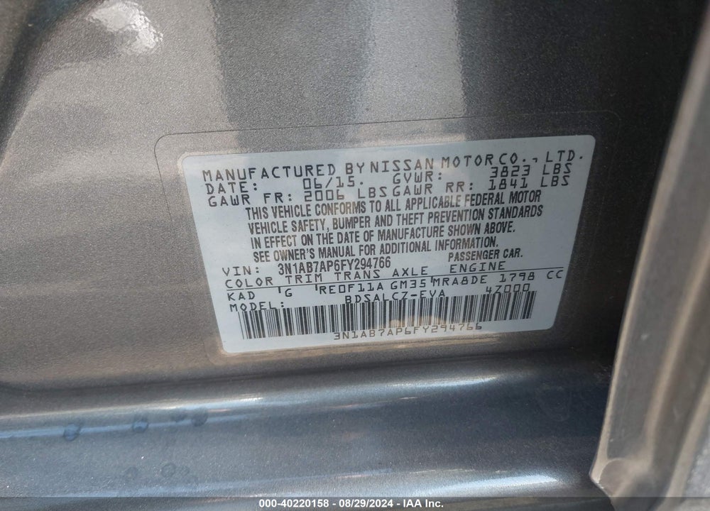 2015 NISSAN SENTRA S VIN: 3N1AB7AP6FY294766