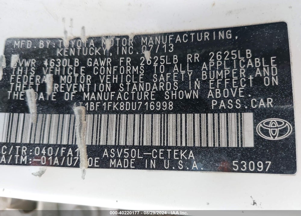 2013 TOYOTA CAMRY VIN: 4T1BF1FK8DU716998