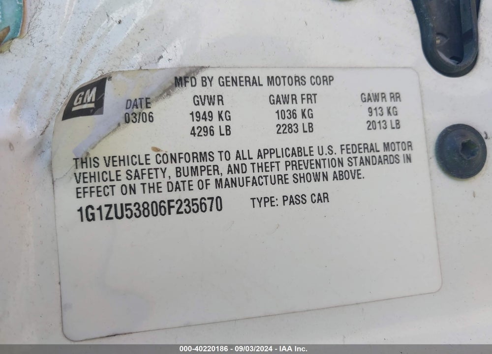 2006 CHEVROLET MALIBU LTZ VIN: 1G1ZU53806F235670