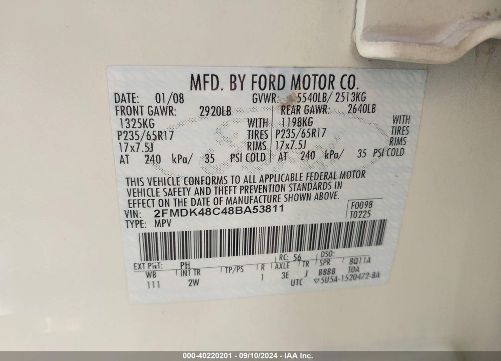 2008 FORD EDGE SEL VIN: 2FMDK48C48BA53811