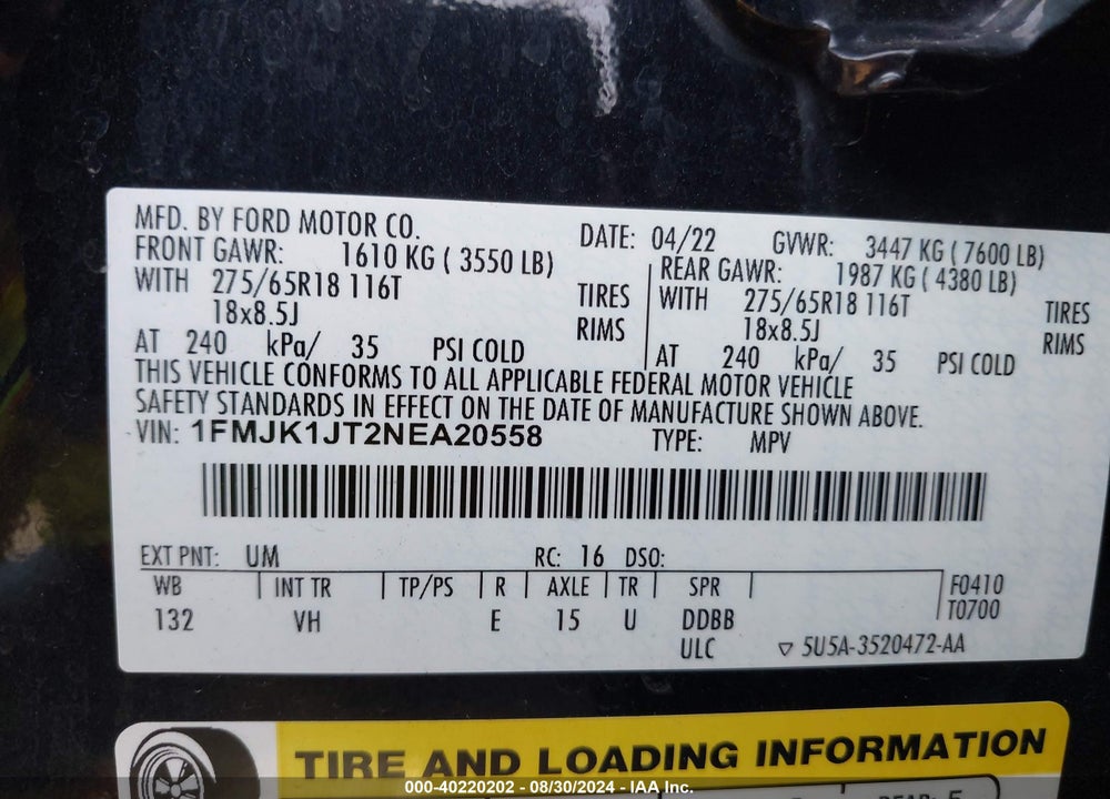 2022 FORD EXPEDITION XLT MAX VIN: 1FMJK1JT2NEA20558
