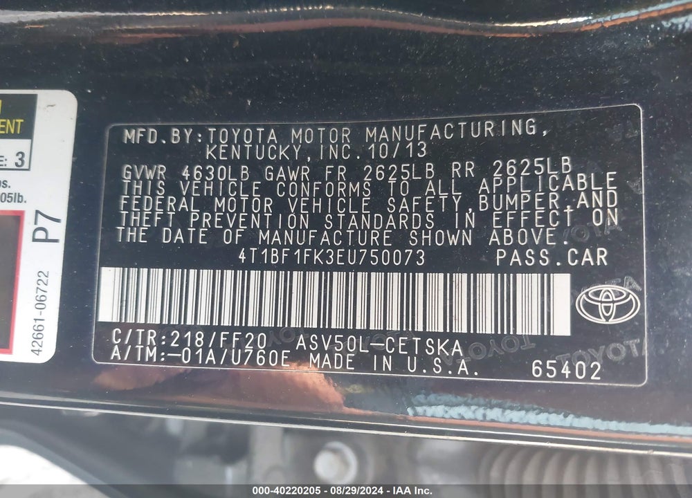 2014 TOYOTA CAMRY SE VIN: 4T1BF1FK3EU750073