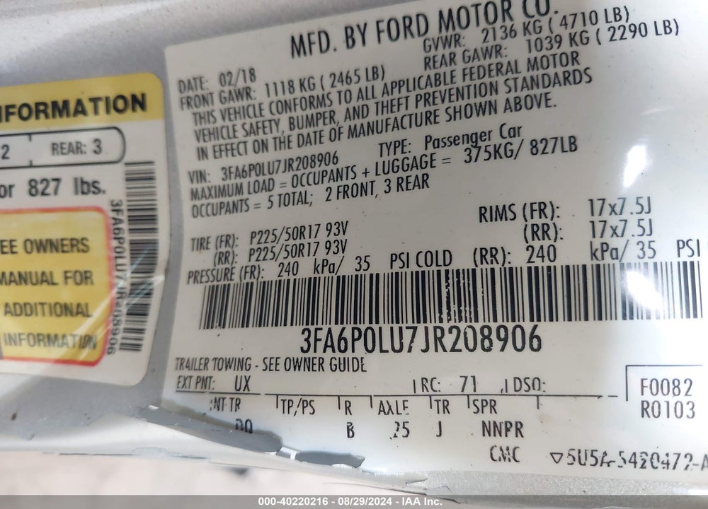 2018 FORD FUSION HYBRID SE VIN: 3FA6P0LU7JR208906