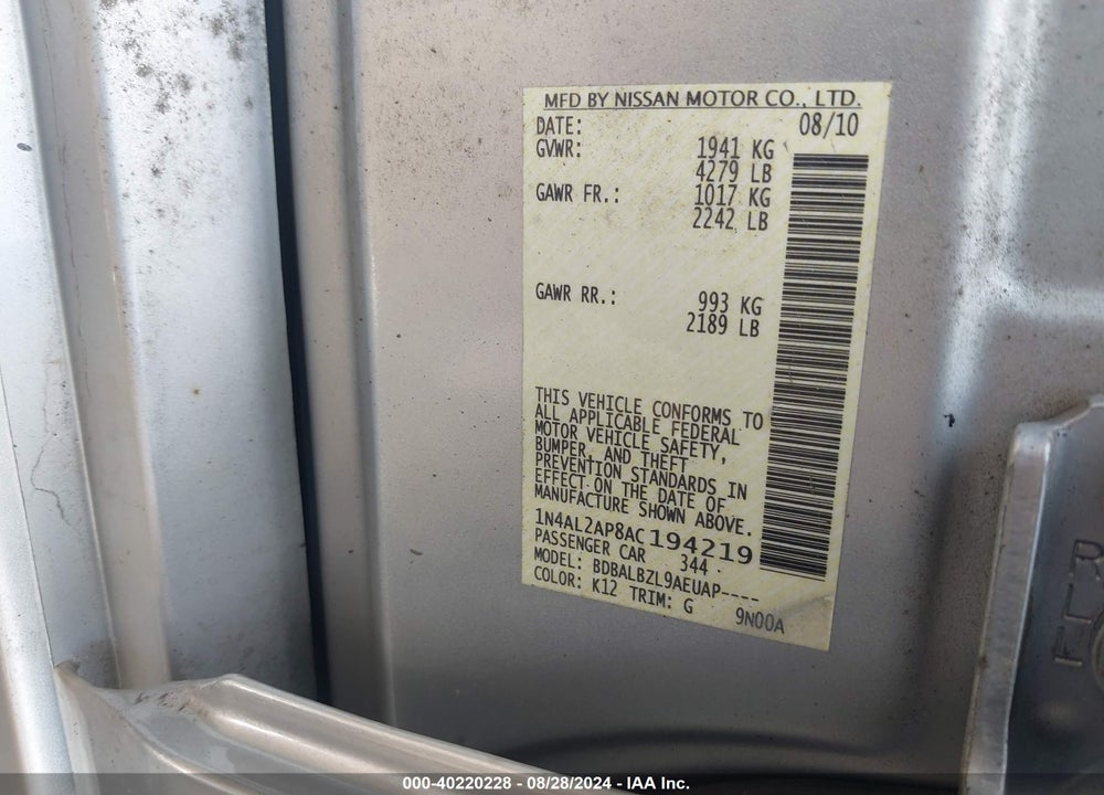 2010 NISSAN ALTIMA 2.5 S VIN: 1N4AL2AP8AC194219