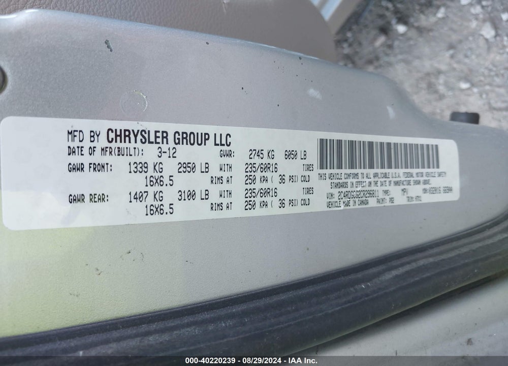 2012 DODGE GRAND CARAVAN SXT VIN: 2C4RDGCG2CR296811