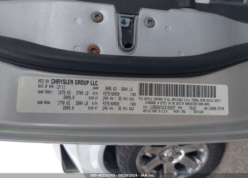 2012 RAM 1500 LAIE VIN: 1C6RD6NT6CS183227