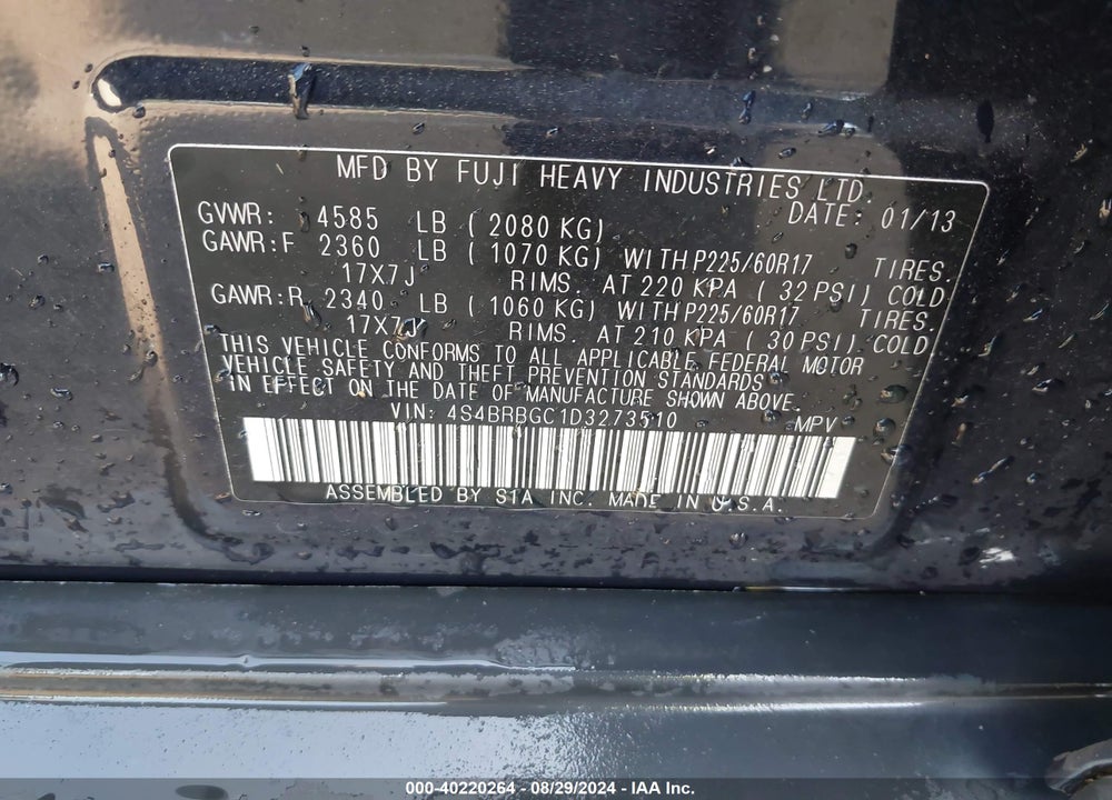 2013 SUBARU OUTBACK VIN: 4S4BRBGC1D3273510