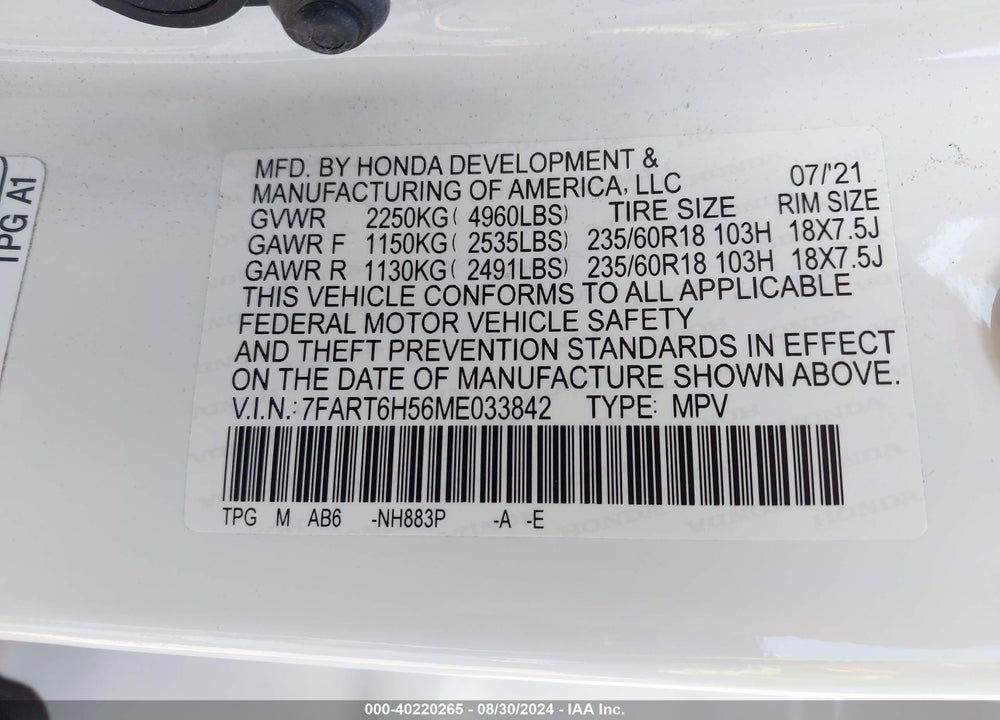 2021 HONDA CR-V HYBRID EX VIN: 7FART6H56ME033842