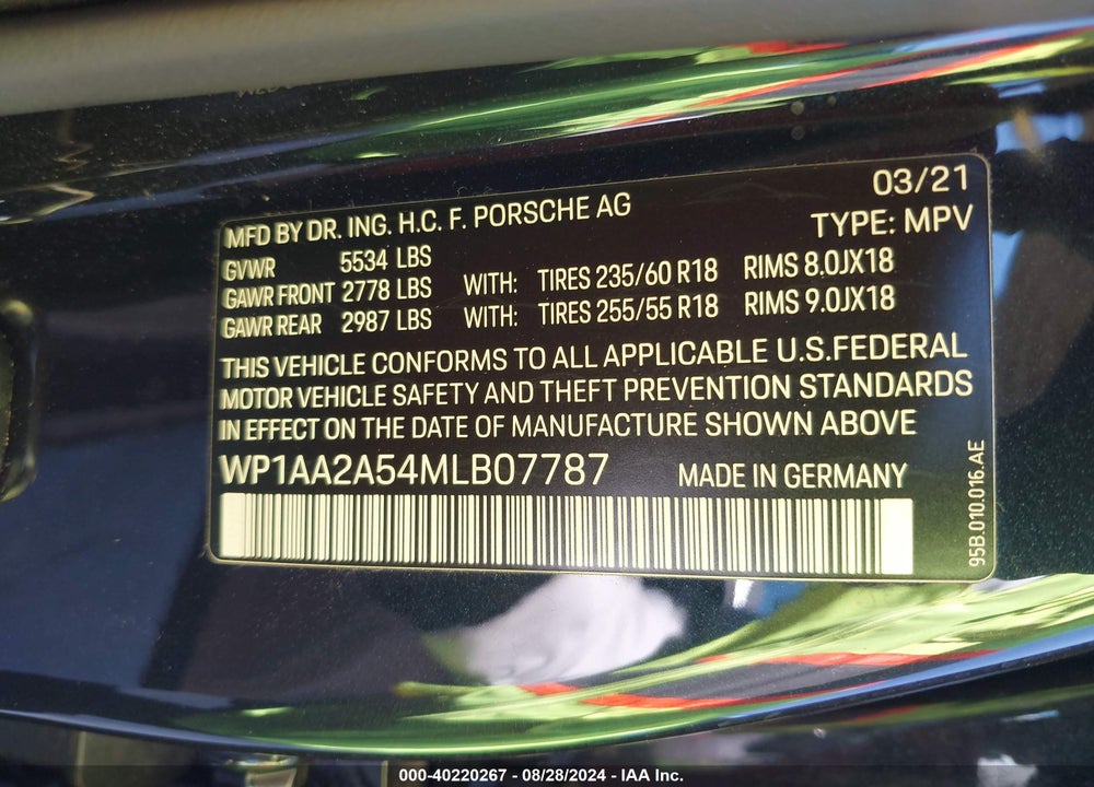 2021 PORSCHE MACAN VIN: WP1AA2A54MLB07787