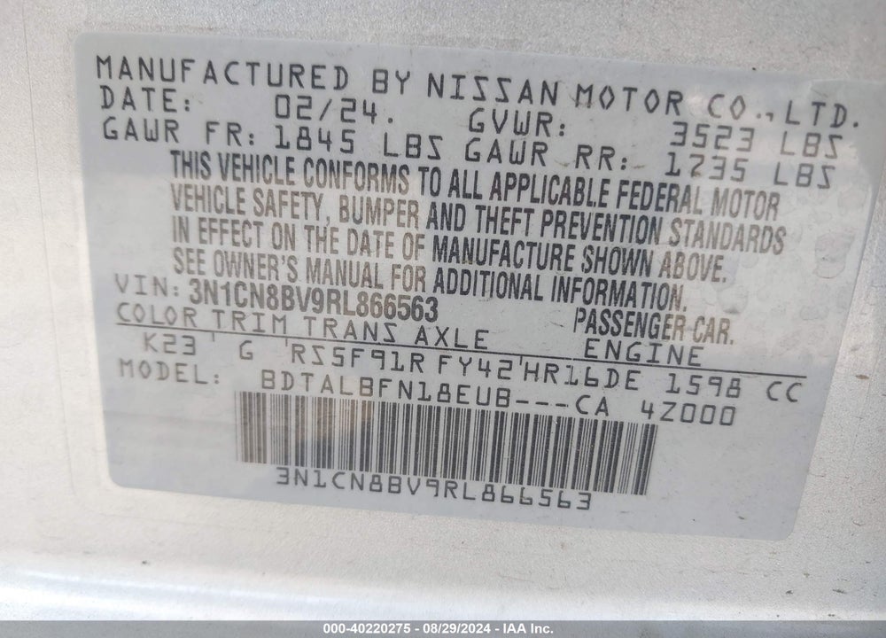 2024 NISSAN VERSA 1.6 S+ VIN: 3N1CN8BV9RL866563