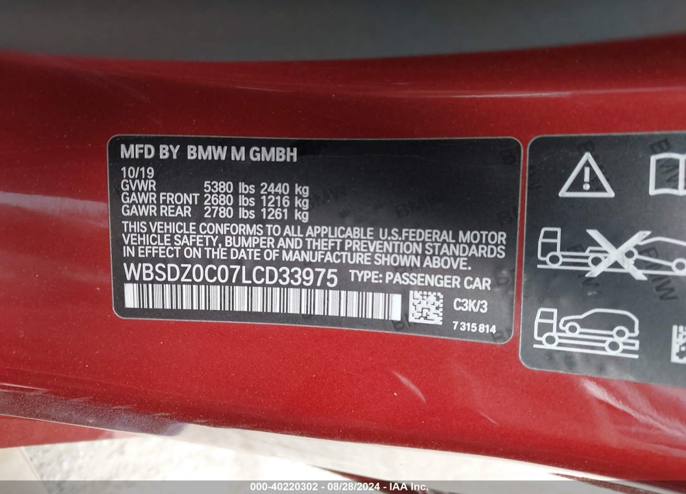 2020 BMW M8 VIN: WBSDZ0C07LCD33975