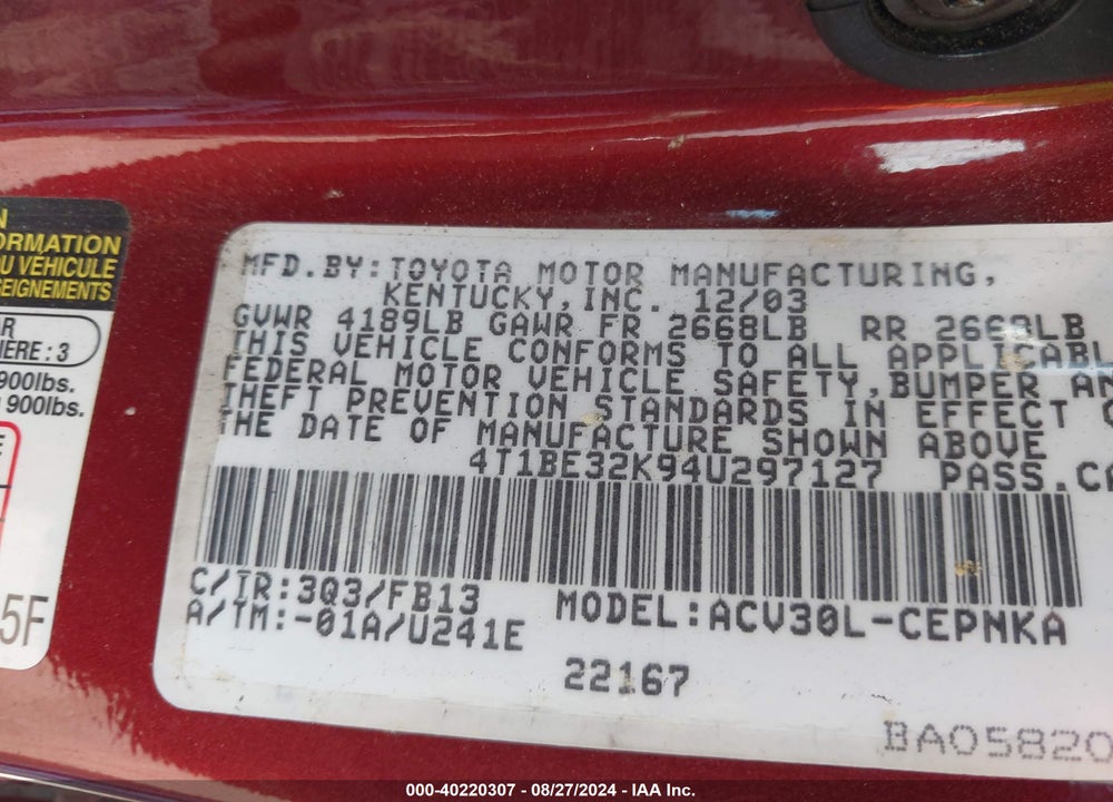 2004 TOYOTA CAMRY LE VIN: 4T1BE32K94U297127