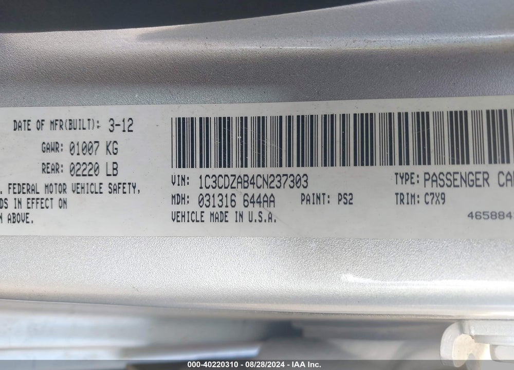 2012 DODGE AVENGER SE VIN: 1C3CDZAB4CN237303