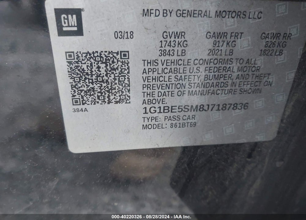 2018 CHEVROLET CRUZE LT AUTO VIN: 1G1BE5SM8J7187836