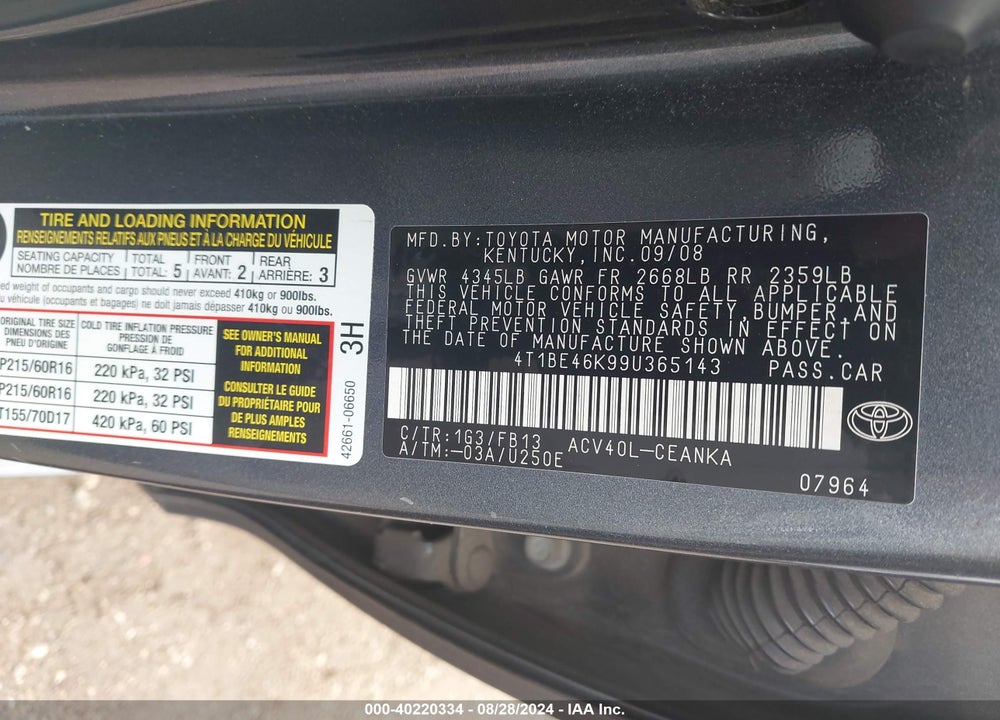 2009 TOYOTA CAMRY VIN: 4T1BE46K99U365143