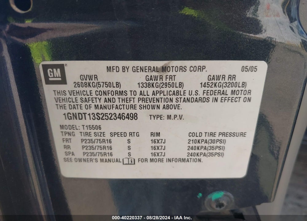 2005 CHEVROLET TRAILBLAZER LS VIN: 1GNDT13S252346498