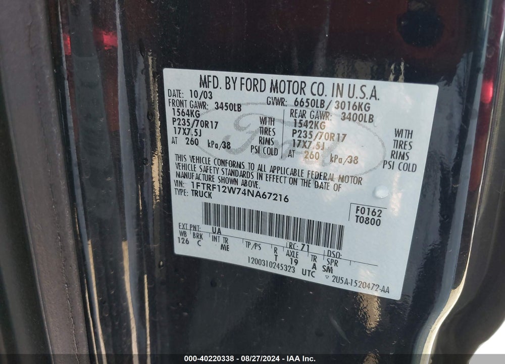 2004 FORD F-150 STX/XL/XLT VIN: 1FTRF12W74NA67216