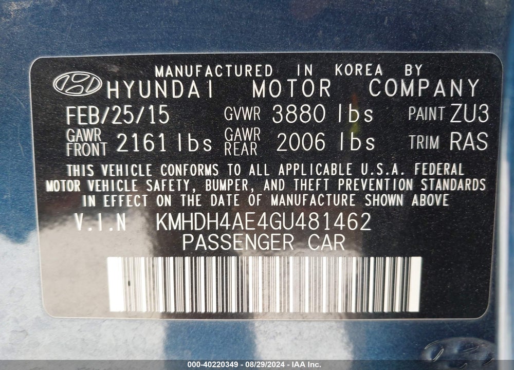 2016 HYUNDAI ELANTRA SE VIN: KMHDH4AE4GU481462