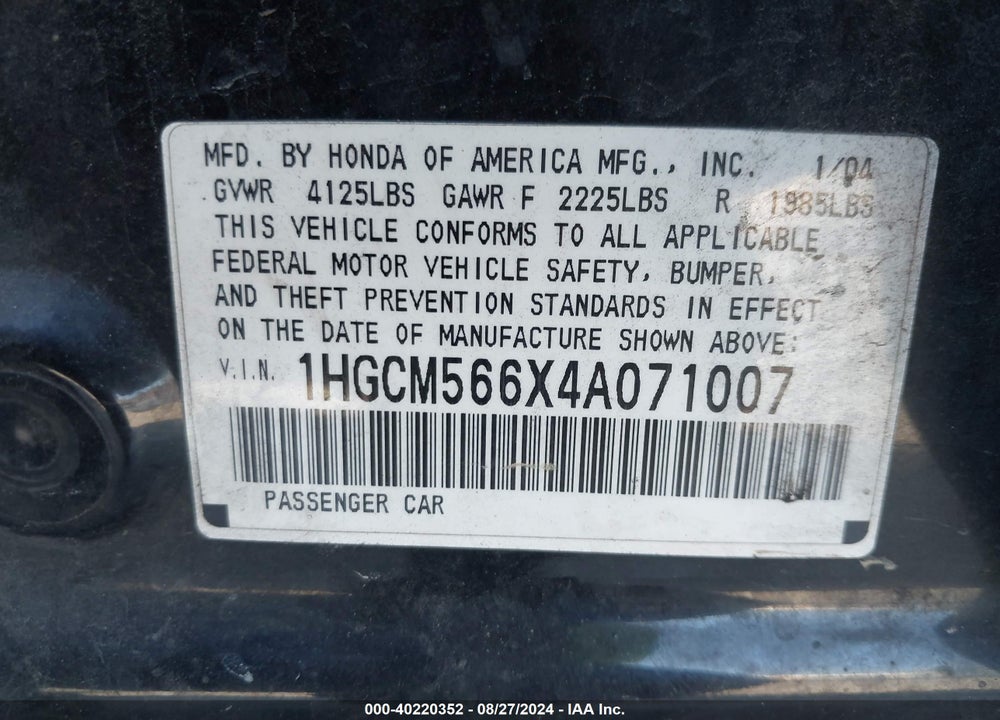 2004 HONDA ACCORD 2.4 EX VIN: 1HGCM566X4A071007