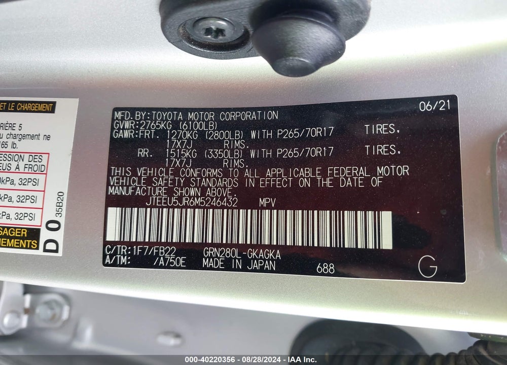 2021 TOYOTA 4RUNNER SR5 VIN: JTEEU5JR6M5246432