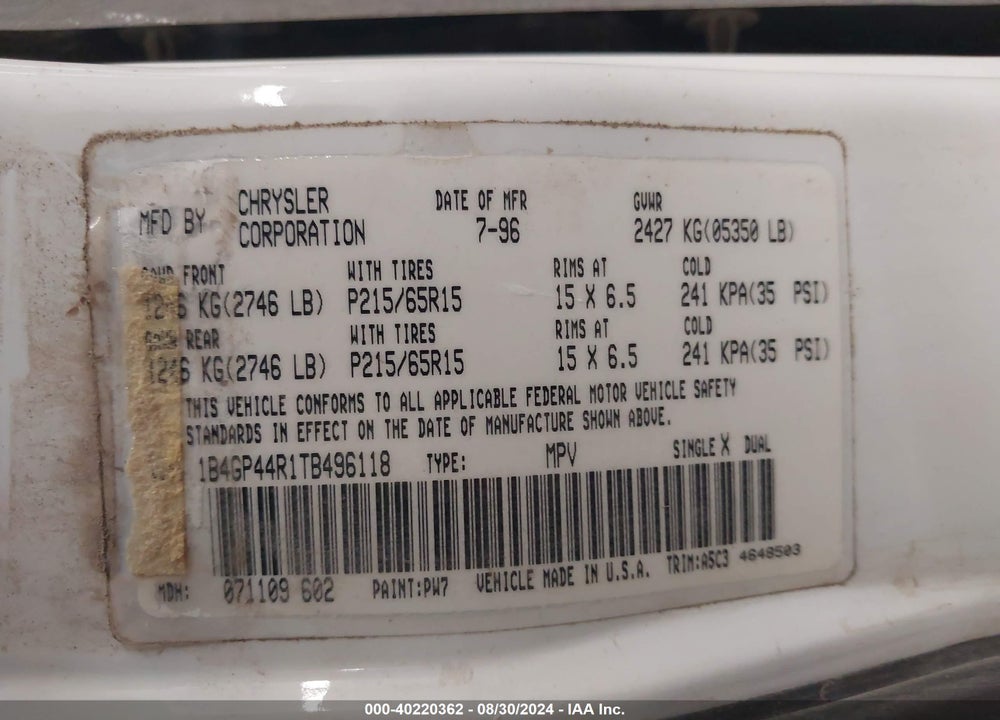 1996 DODGE GRAND CARAVAN SE VIN: 1B4GP44R1TB496118
